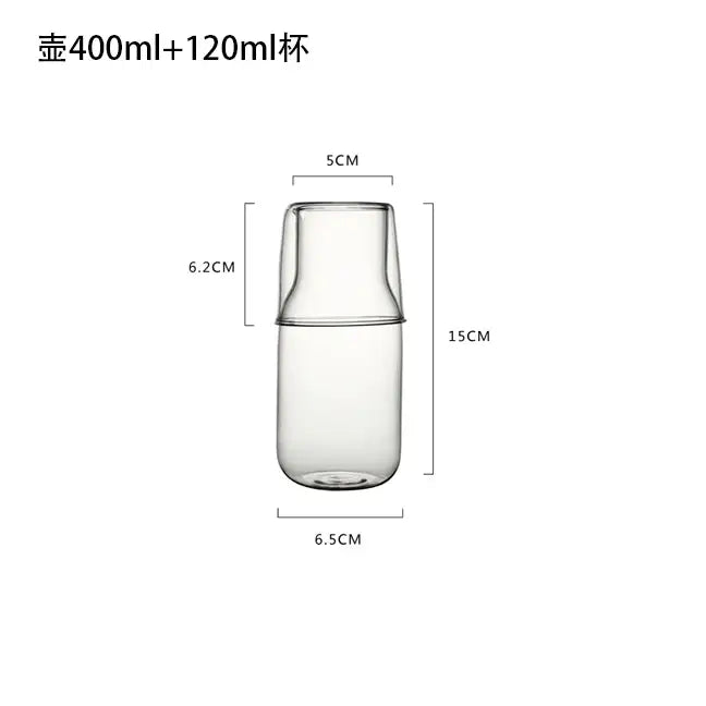 Modern borosilicate glass drinkware set featuring a clear glass carafe and matching 120ml cup for beverage serving