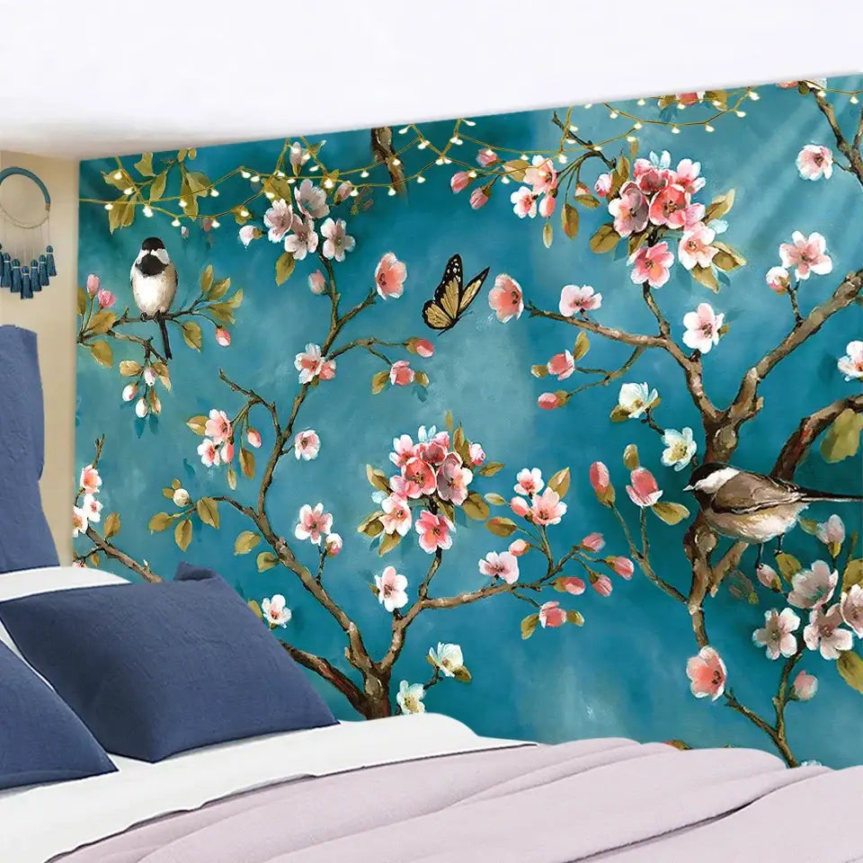Modern botanical wildflower tapestry by decorbites featuring teal background with blossoms birds and butterfly decorbites botanical wildflower