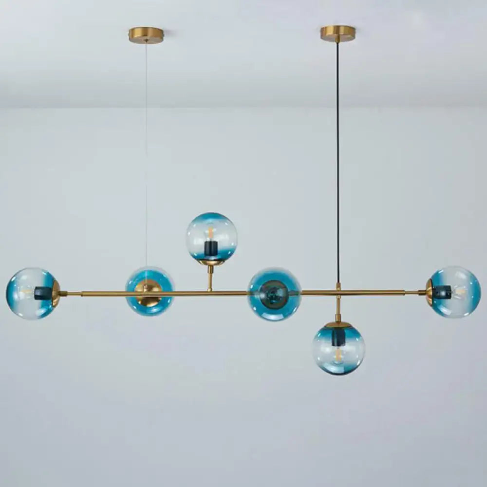 Modern brass 6-bulb island lamp with blue gradient glass shade and brass accents for dining rooms 110v-120v 220v-240v