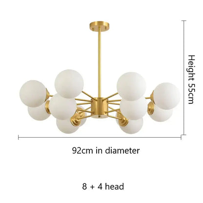 Modern brass 8-light glass ball pendant lights with gold-toned frame and frosted glass globes for dining room decorbites