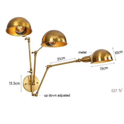 Modern brass adjustable arm wall sconces with three dome shades in brass finish for bedroom decorbites gold plated wall lamps