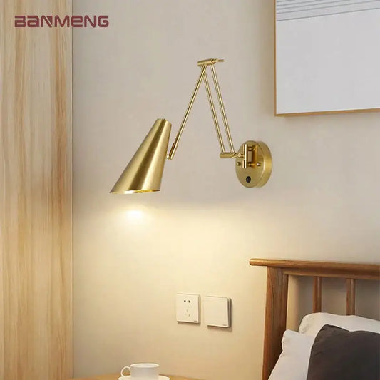 Modern brass adjustable e27 led wall lamp with conical shade and articulated arm for bedroom reading light decorbites adjustable e27