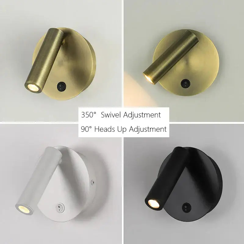 Modern brass adjustable led wall reading lamp with cylindrical head and circular base by decorbites adjustable led wall
