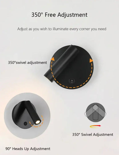 Modern brass adjustable led wall reading lamp in black with 350° swivel and 90° tilt for flexible led wall lighting decorbites adjustable led