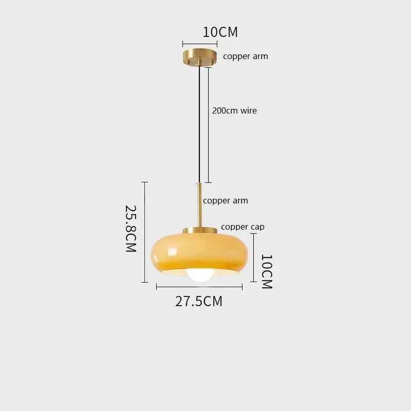 Modern brass and amber glass pendant light with copper bauhaus led arm and 200cm wire for kitchen lighting decorbites