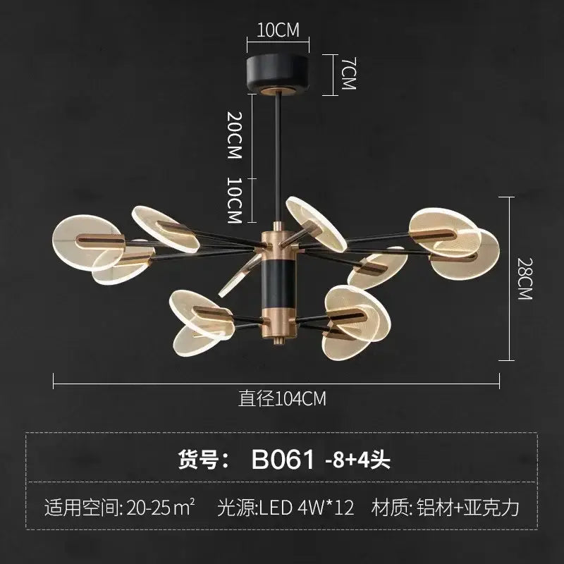 Modern brass and black acrylic led ceiling chandelier with eight translucent leaf-shaped acrylic shades for living room decorbites acrylic led
