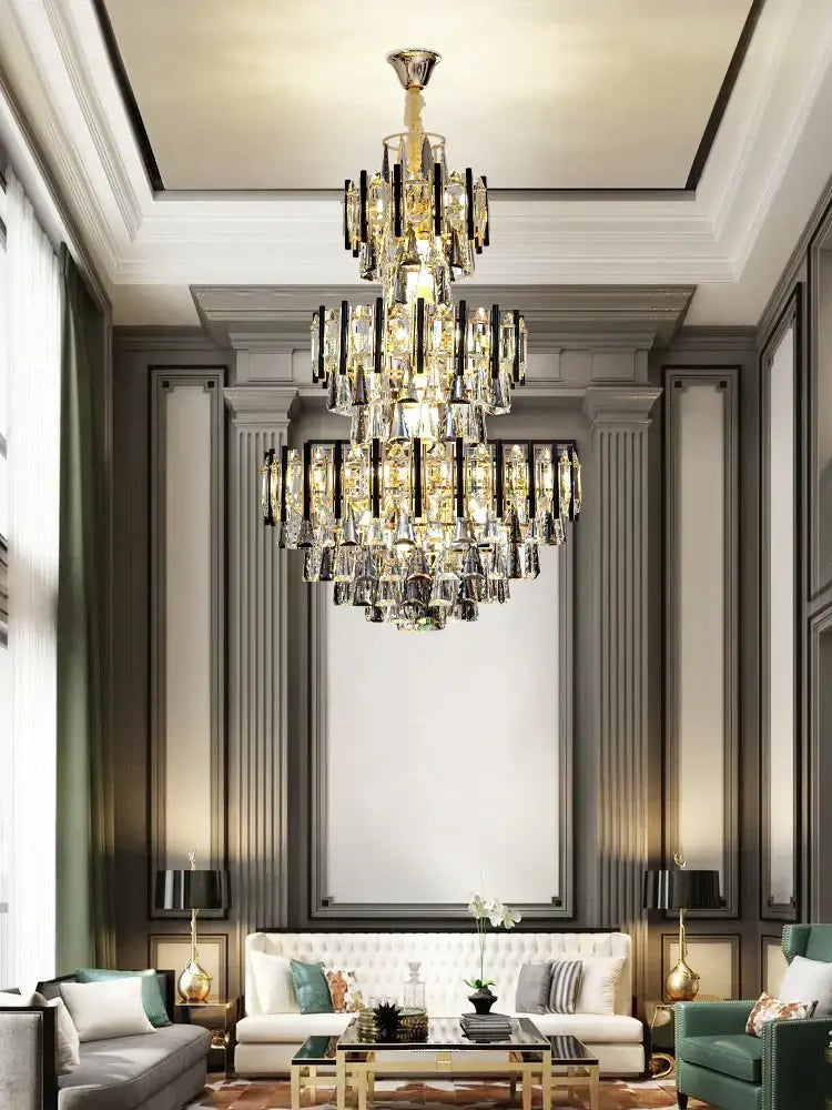Modern brass and black crystal hollow villa chandelier with multi-tiered clear and darkened glass prisms for living room decorbites crystal hollow