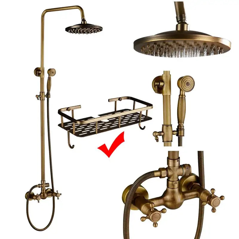 Modern brass and black dual handle shower faucet set with vintage-style rainhead handheld spray and wall control valve