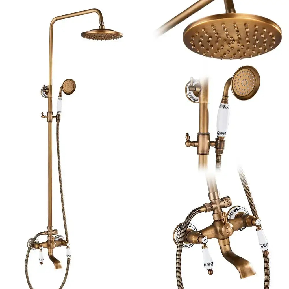 Modern brass and black dual handle shower faucet set with antique brass finish, round rainhead, handheld nozzle, and ceramic knobs