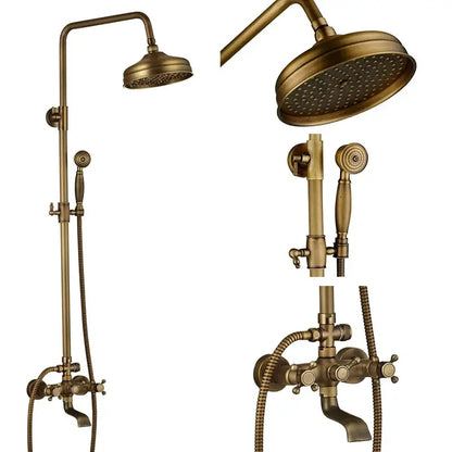 Modern brass and black dual handle shower faucet set featuring a vintage brass-finished rainhead and handheld spray nozzle