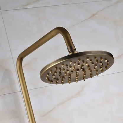Antique brass round showerhead with curved arm and multiple nozzles in a modern brass dual handle shower faucet set
