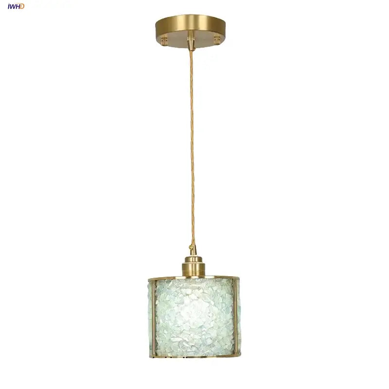 Modern brass and blue crystal glass pendant light fixture with frosted textured shade for kitchen lighting
