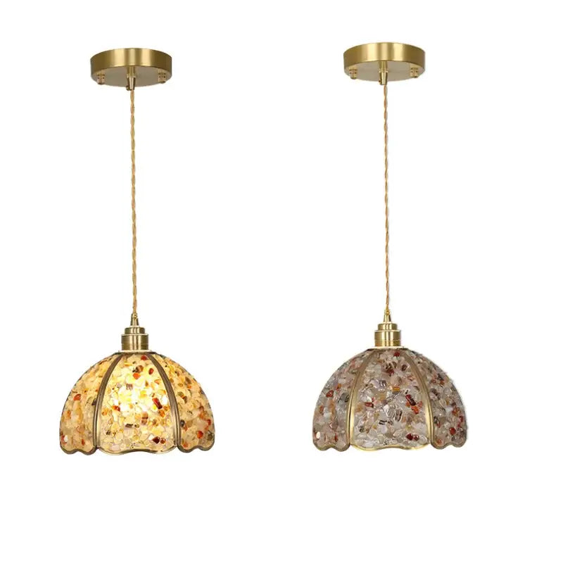 Modern brass pendant light fixture with amber and clear mosaic glass shades for kitchen lighting