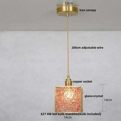 Modern brass and blue glass crystal led pendant light with textured amber glass crystal led shade and brass frame