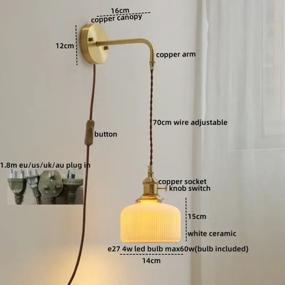 Modern brass and ceramic copper led wall lamp with ribbed white ceramic shade and adjustable 70cm wire by decorbites