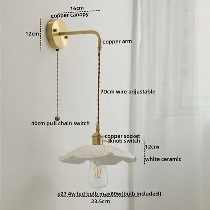 Modern brass and ceramic copper led wall lamp with adjustable wire and white ceramic shade for bedroom decorbites ceramic copper