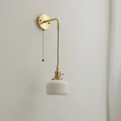 Modern brass and ceramic copper led wall lamp with white ribbed ceramic shade and brass arm for bedroom decorbites ceramic copper