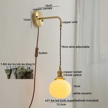 Modern brass and ceramic copper led wall lamp with warm white globe and adjustable 70cm wire for bedroom decorbites ceramic copper