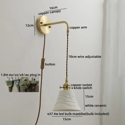 Modern brass and ceramic copper led wall lamp with white ceramic pendant, copper arm, adjustable wire, and brass knob switch
