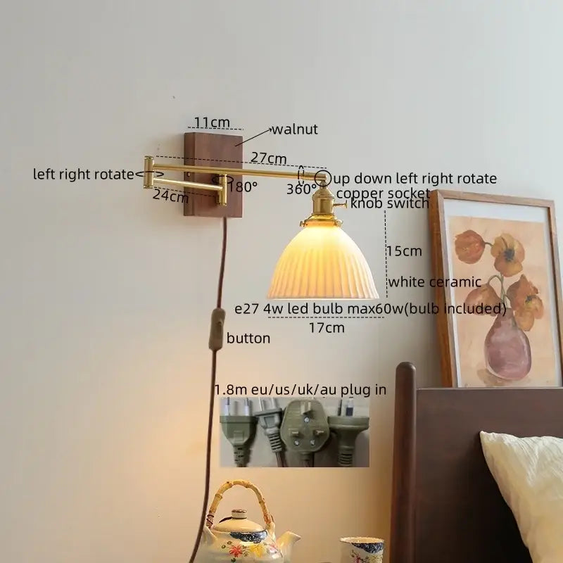 Brass-finished adjustable wall light with white ceramic lampshade and walnut mounting plate for decorbites ceramic walnut led use