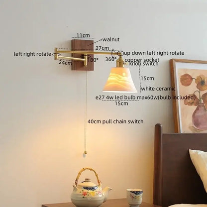 Modern brass and ceramic walnut led wall lights with white ceramic shade and warm gradient lighting for bedroom decorbites ceramic walnut