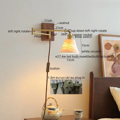 Modern brass and ceramic walnut led wall lights featuring a warm-toned white ceramic walnut lampshade with gradient design