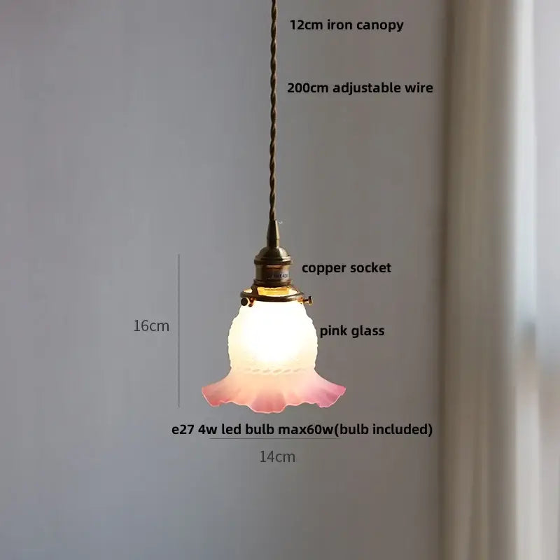 Modern brass and clear glass led pendant lamp with a delicate pink glass shade and copper socket for dining room decorbites clear glass