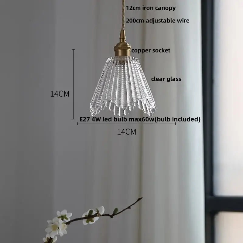 Modern brass and clear glass led pendant lamp with brass canopy and copper socket featuring a fluted decorbites clear glass design