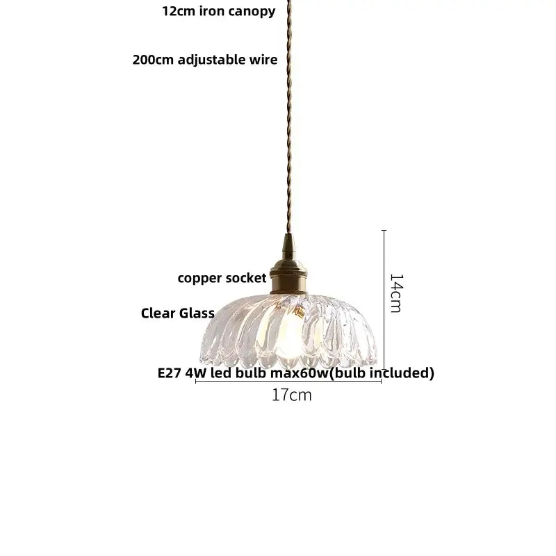 Modern brass and clear glass led pendant lamp with 12cm iron canopy clear glass shade and copper socket decorbites clear glass