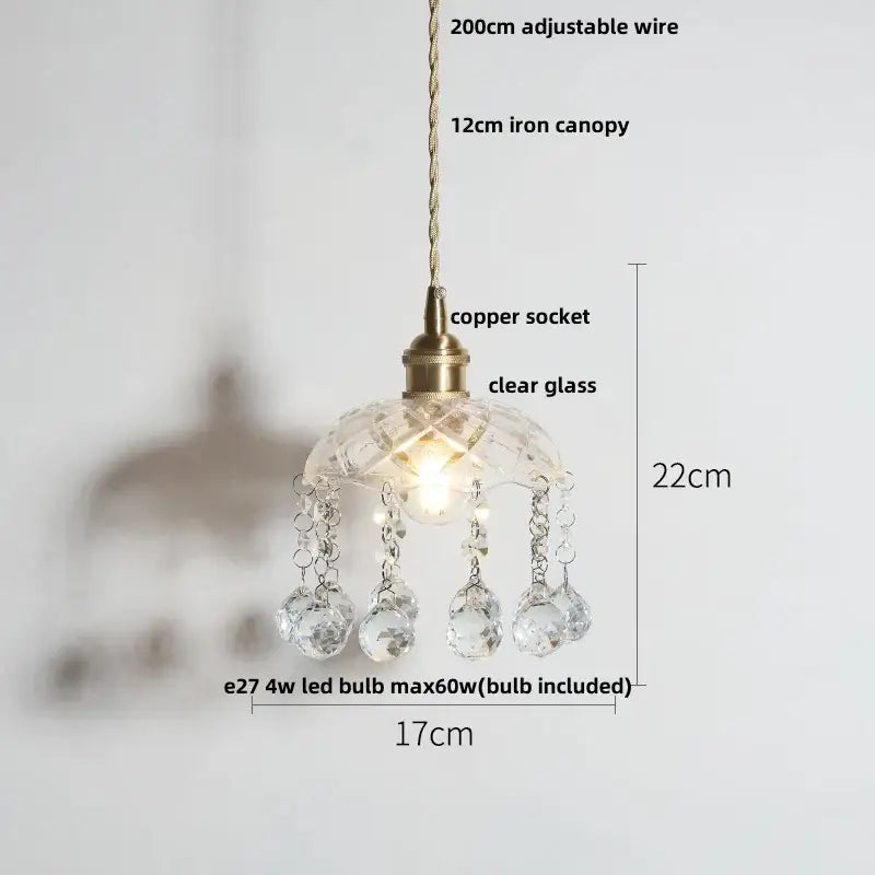 Modern brass and clear glass led pendant lamp with brass copper socket and crystal droplets for dining room decorbites clear glass