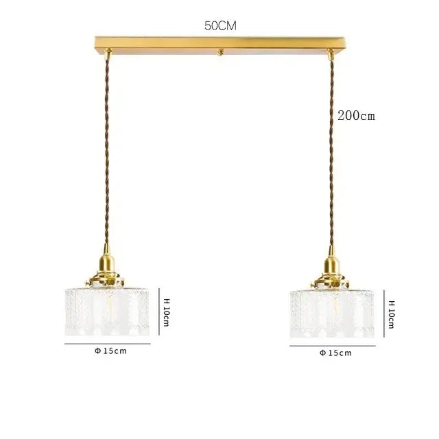 Modern brass pendant light with gold-toned rectangular frame and decorbites clear glass led shades for dining room decor