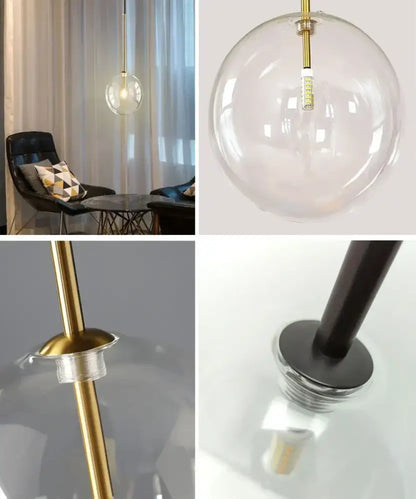 Modern brass and clear glass pendant light with clear glass globe, gold-toned stem, and black base for dining room decorbites clear glass chandelier
