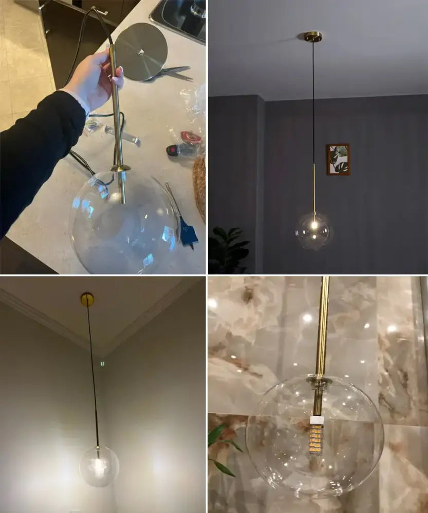 Modern brass and clear glass pendant light with globe chandelier featuring decorbites clear glass for dining room decor