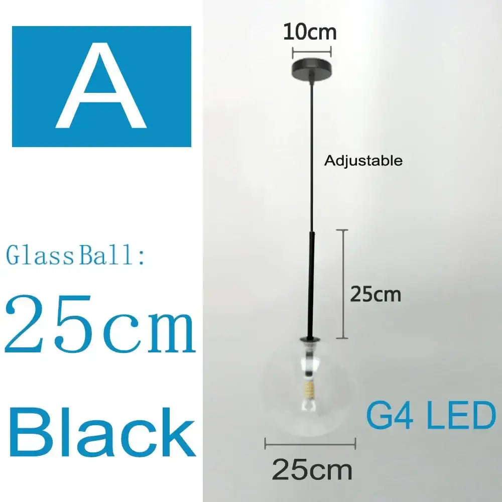 Modern brass pendant light with a black glass ball shade clear glass chandelier featuring a 25cm g4 led bulb