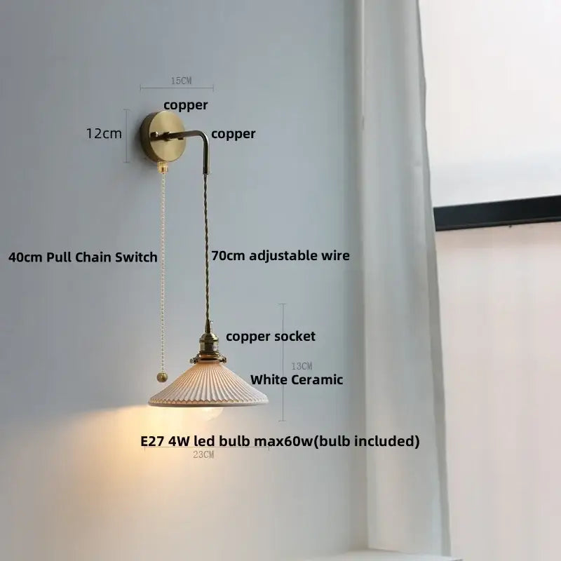 Vintage-style wall lamp with copper arm and fluted white ceramic shade for decorbites clear glass bedroom sconce