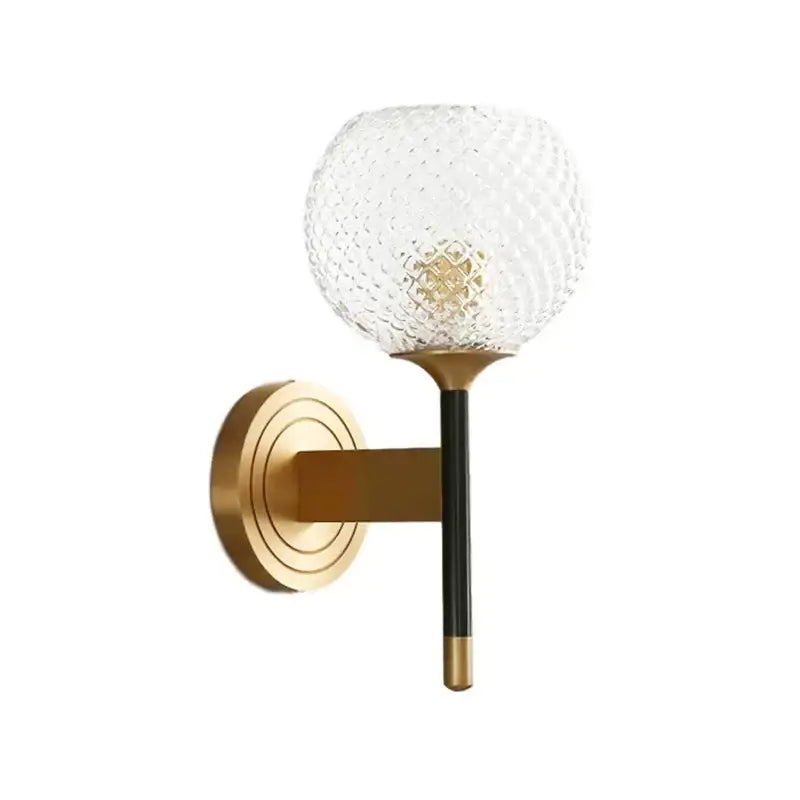 Modern brass and copper wooden wall light with gold-toned textured glass globe and black stem by decorbites copper wooden frame