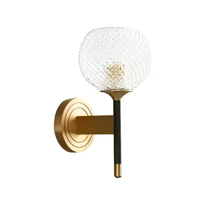 Modern brass and copper wooden wall light with gold-toned sconce, textured clear glass globe, and black stem for decorbites copper wooden frame