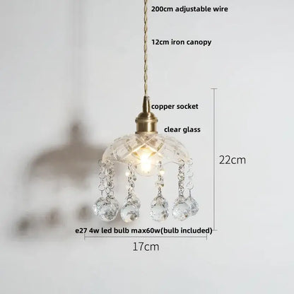 Modern brass and crystal glass led pendant lamp with clear glass and dangling crystal droplets for dining room decorbites crystal glass