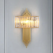 Modern brass and crystal rectangular wall lighting with gold-toned vertical crystal rods and brass-finished metal accents