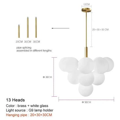 Modern brass and frosted glass chandelier with 13 spherical bulbs for living room dining decor by decorbites elegant glass chandelier