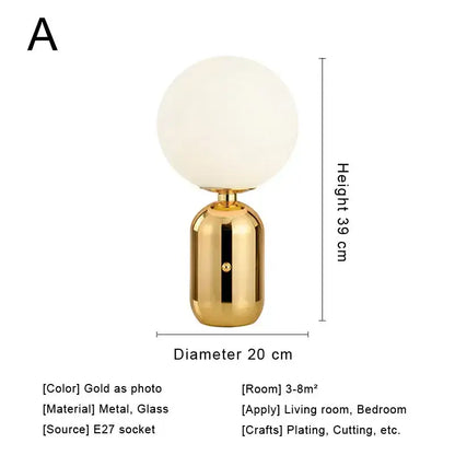 Modern brass and glass desk lamp with gold finish metallic base and frosted glass globe for bedroom decorbites glass desk