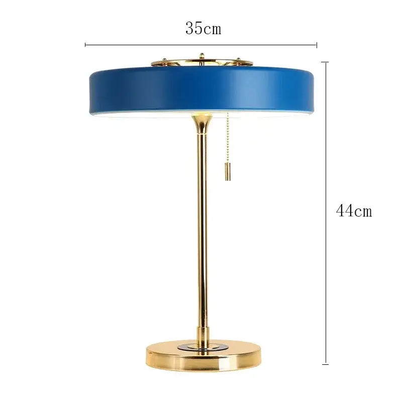 Modern brass and glass led table lamp with sleek blue circular lampshade and pull-chain switch for decorbites scandinavia lighting