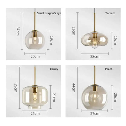 Modern brass and glass pendant light with iron finish cord pendant installation in translucent amber hues for dining rooms
