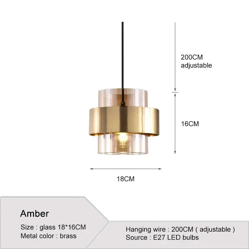 Modern brass and glass pendant light with amber glass pendant and adjustable hanging wire for kitchen or dining room
