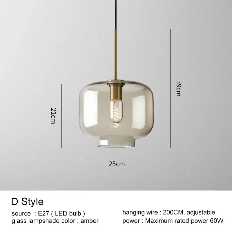 Modern brass and amber-tinted glass pendant light with exposed led bulb for kitchen and dining room chandelier