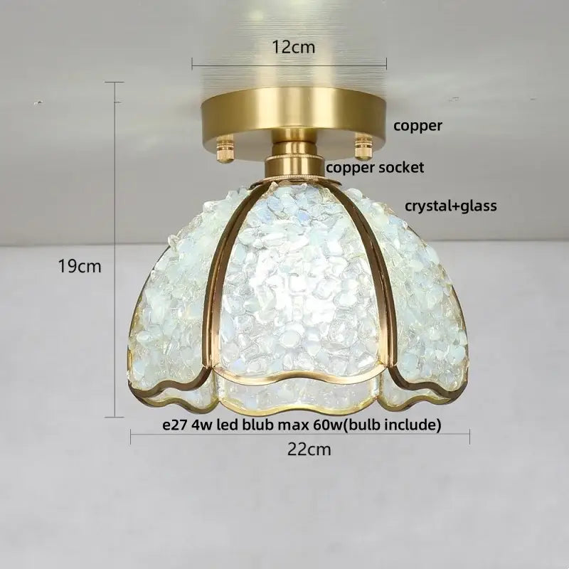 Modern brass and green decorbites crystal glass led ceiling light with scalloped translucent white dome shade for bedroom