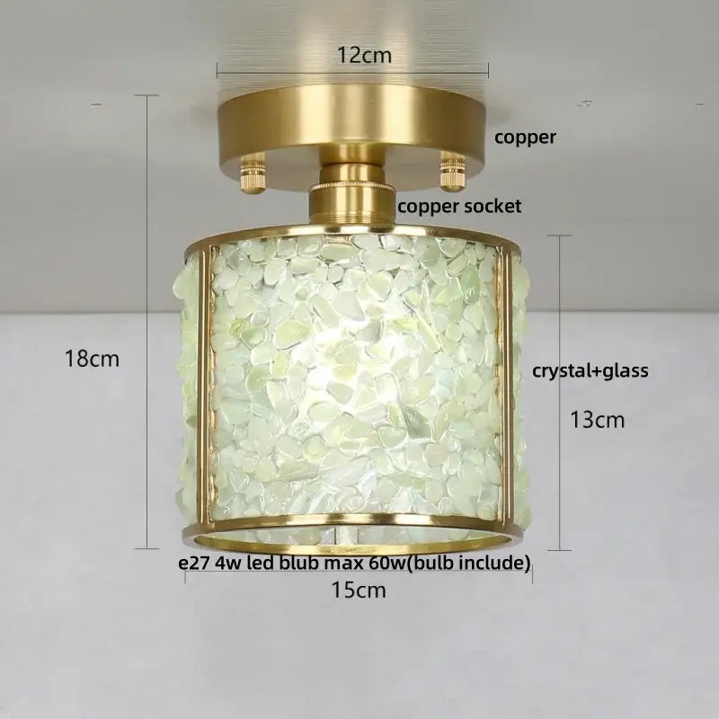 Modern brass and green crystal glass led ceiling light with cylindrical brass copper frame and pale greenish crystal glass body