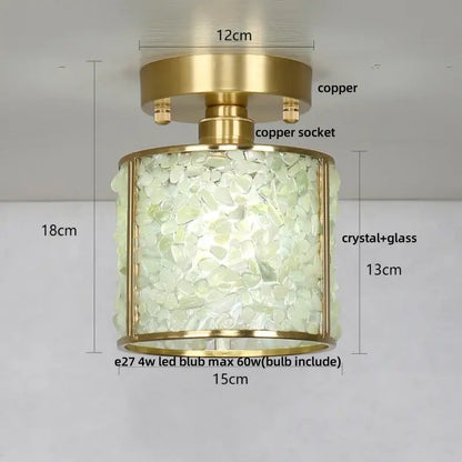 Modern brass and green crystal glass led ceiling light with cylindrical brass copper frame and pale greenish crystal glass body