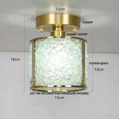 Modern brass and green crystal glass led ceiling light with a brass copper frame and pale blue-green decorbites crystal glass shards