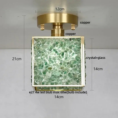 Modern brass and green crystal glass led ceiling light with decorbites crystal glass pieces for bedroom decor